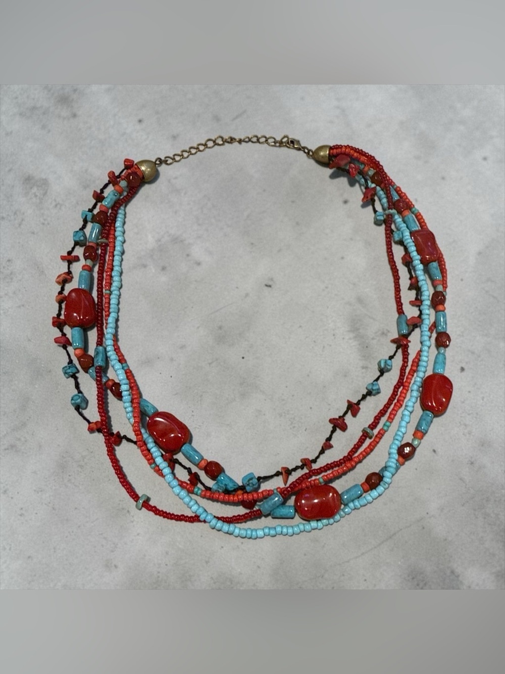 Layered Red and Turquoise colored Beaded Necklace - Women's Jewelry